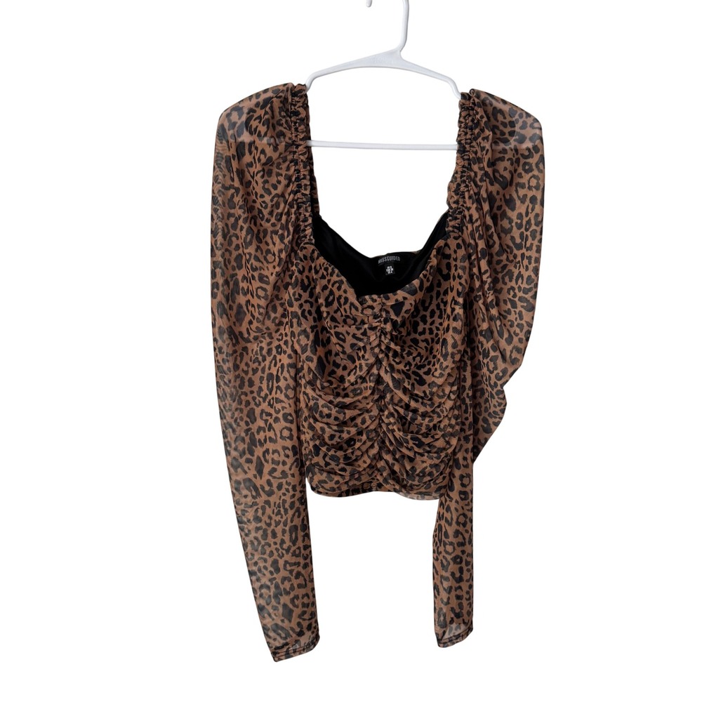 Missguided Leopard Print Ruched Mesh Puff Sleeve Top Brown Black US 4